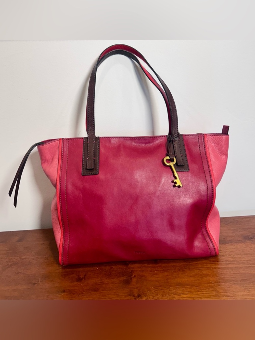 Fossil Leather Tote - Colorblock Pink and Red -